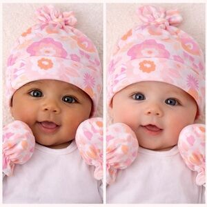 Bundles Baby Place 6-Piece Floral Baby Set Hat & Matching Mittens 0-6M BRAND NEW